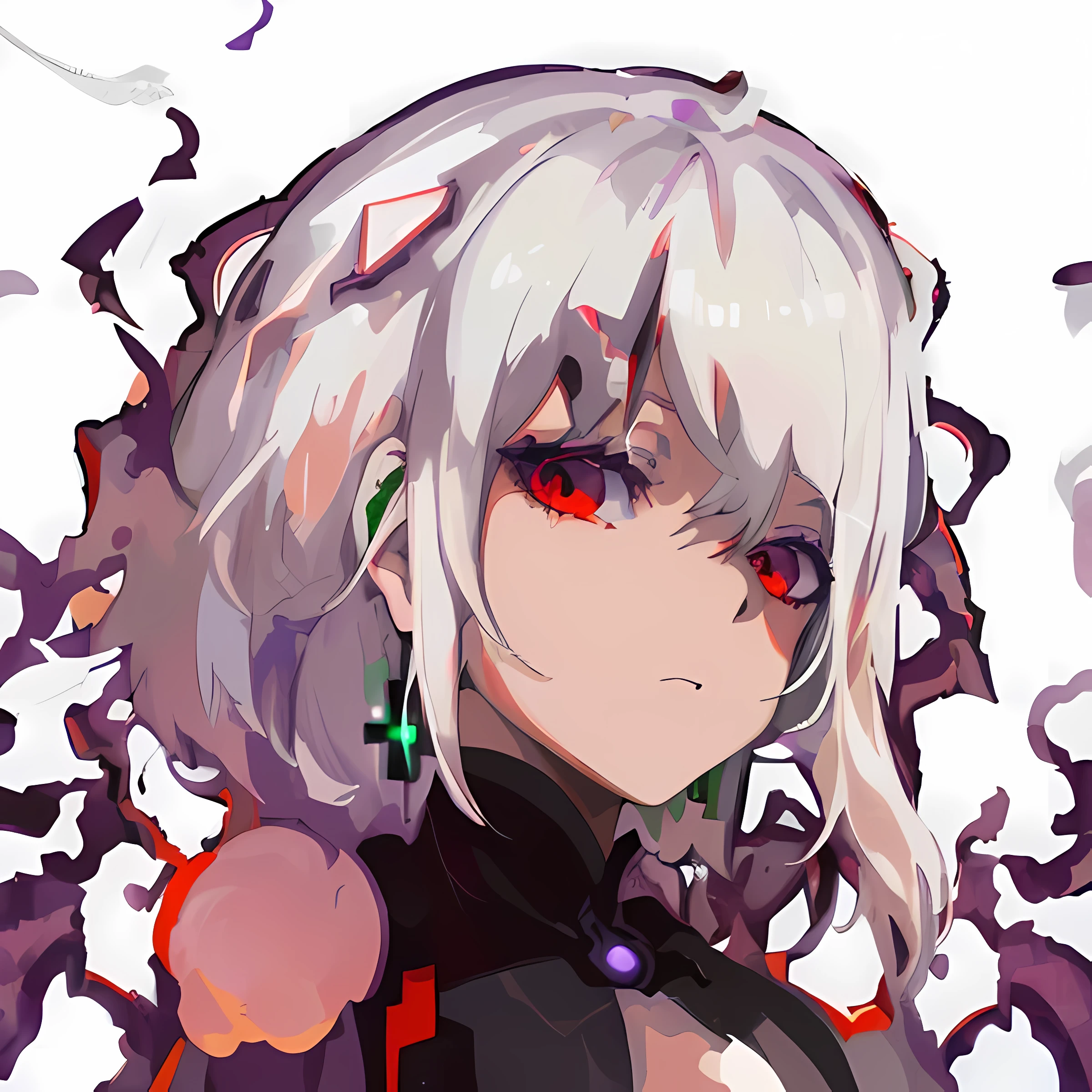 anime girl with white hair and red eyes in a black outfit, white haired, white haired lady, white haired deity, visual novel sprite, white-haired, girl with white hair, anime artstyle, darksynth character portrait, portrait knights of zodiac girl, anime style. 8k, purple smoke in the background blurred, green cross earings,