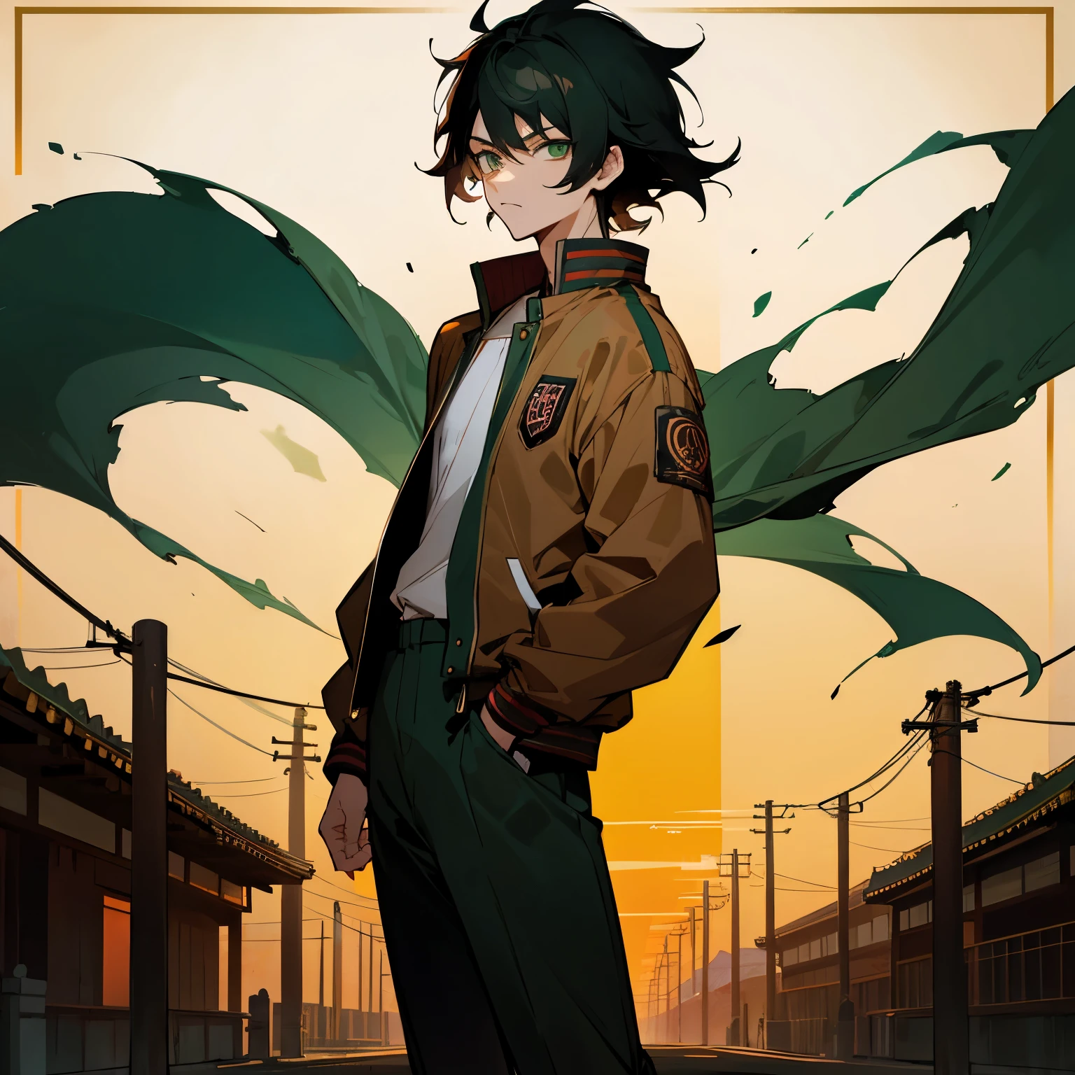 Black Hair , Yusuke Hair ,brown letterman Jacket , Dark Green Eyes , Messy Hair , Temple Background , 1male , young male , Standing on path