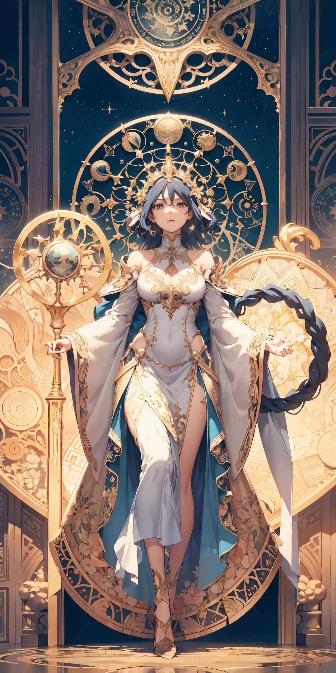 European woman, Full body lesbian, Flower frame, Decorative panels, abstract artistic, Alphonse Mucha's (tmasterpiece, Best quality at best, A high resolution: 1.4), Detailed pubic hair, Complicated details, 4K, splash of color, line art, Fibonacci, starrysky, natta, luring, cloud, reflector, Eau, magia, (tarot cards),美丽的金色Eau晶星)) buliding, palaces, Patterned, Sumeru, cloud, themoon