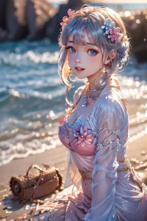 Beautiful girl sitting on the beach,winking,Crystal Spring Flower, Pink-White Gradient, water dripping, Fantastical, intergalactic, Transparent, Light blue leaves, brilliance, aqua, Colorful, Light blue leavesの魔法の写真, Dramatic illumination, photorealisim, ultra-detailliert, depthoffield, high resolusion, Parted bangs, Silver hair, spark of light, god rays, projected inset, From  above, 4K, Anatomically correct, nffsw、princess carry