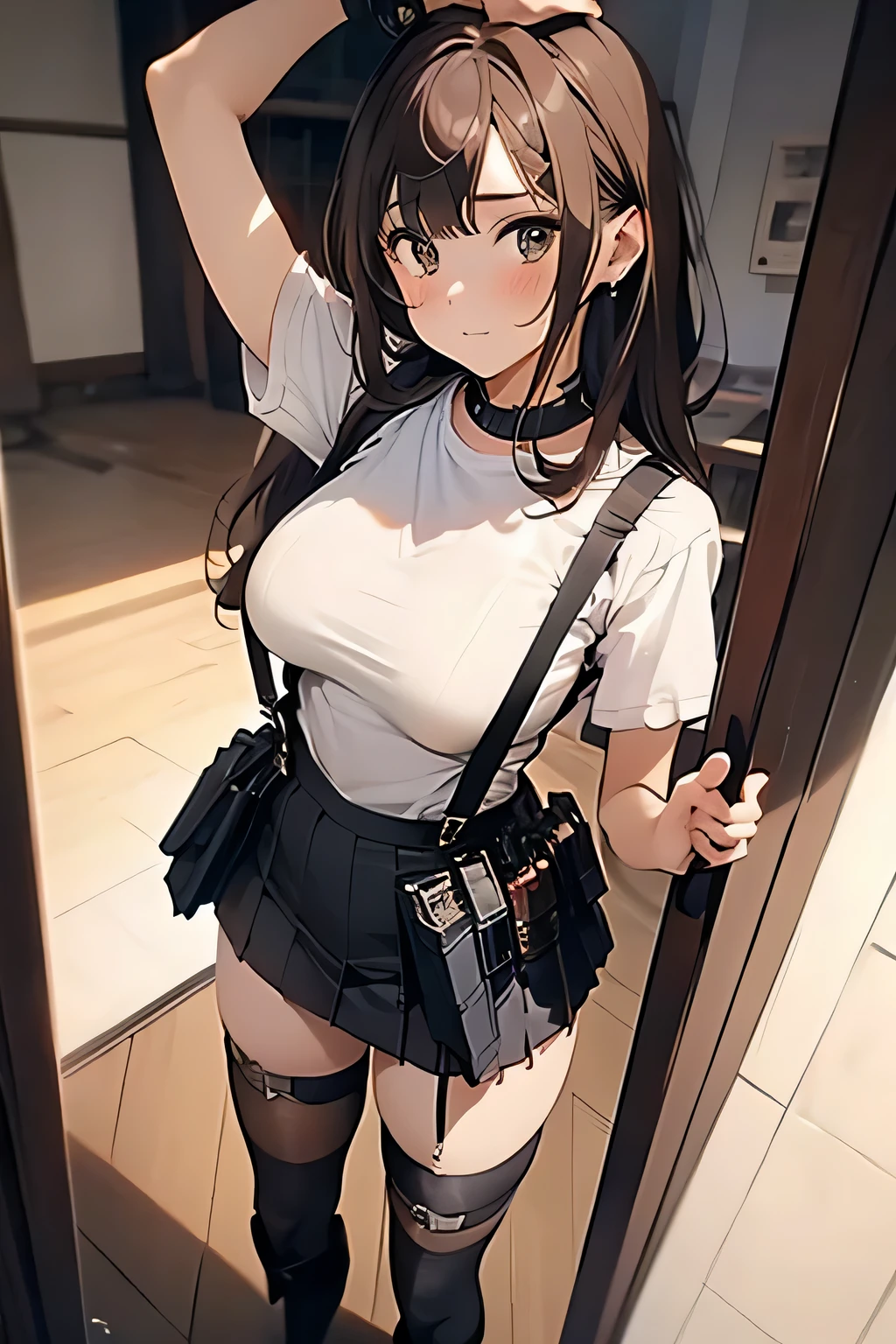 Brown hair、watching at viewers　　　black suspenders　　　bulging big tits　　 　 　　　walls: 　Black miniskirt　garters　　　　　　Gaze　　　a small face　bangss 　　　holster　　　Beautuful Women　　Hands up　　レッグholster ベッドに横たわる　　Gaze 　black boots panty shot　Provocation　flank　flank汗　Soio 　arms are