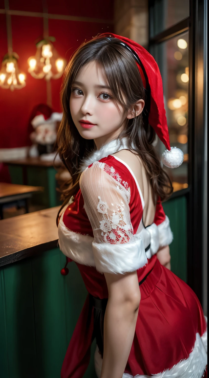 (ung girl), (Backwards:1.5), Looks Back, (extremely detailed beautiful face), Amazing face and most eye-catching traits:1.4), (ultra - detailed), (Highly detailed CG-8k wallpaper), Very detailed, high-definition RAW color photography, professional photoshoot, Realistic portraits, Amazing face and eyes, (red Christmas outfit:1.5), (Christmas, Christmas ornaments, Christmasツリー), Indoor, Schools, Classroom, (Transparent lace:1.4), depth of fields, (look from down:1.25),