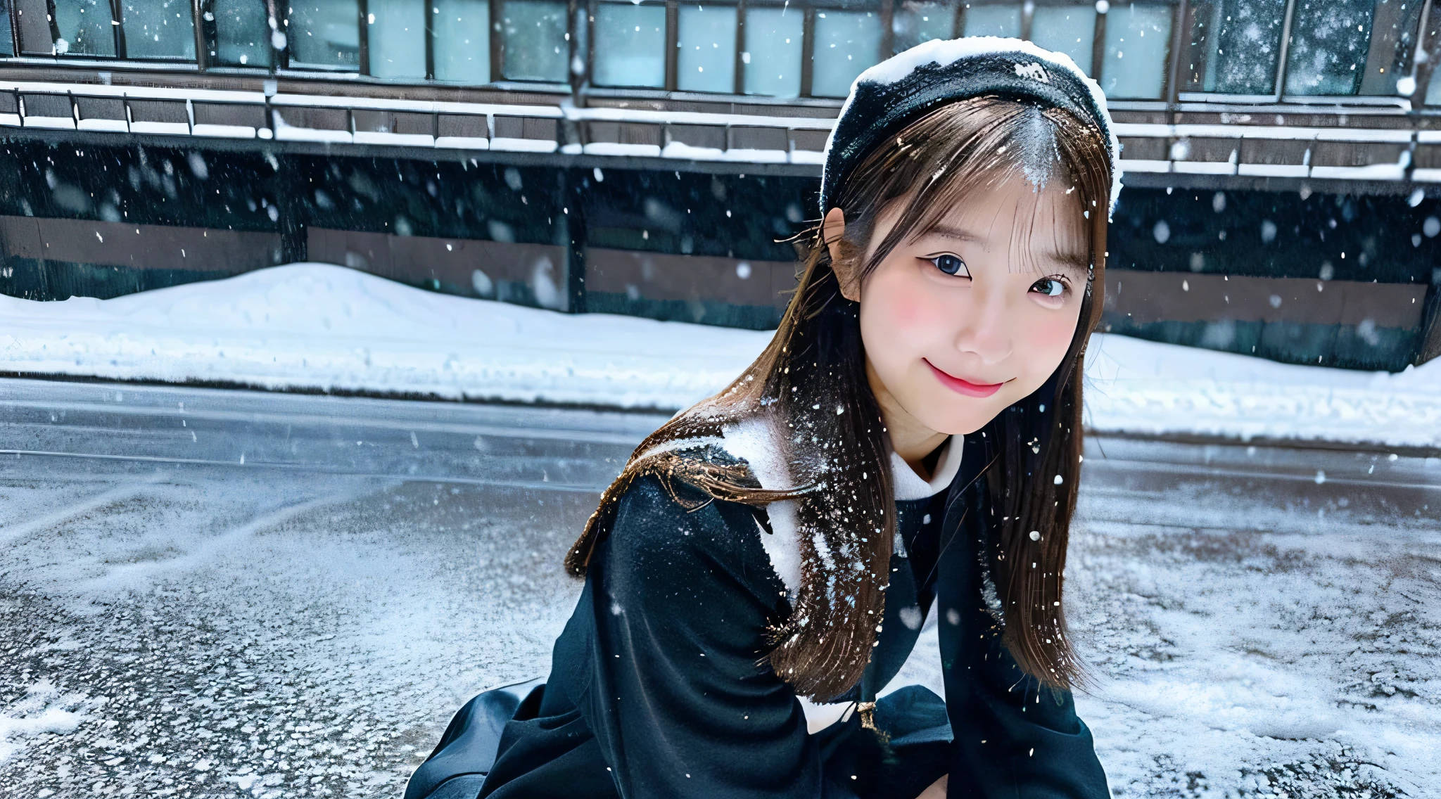 Cute College Girl, 18 years old, Wearing a black miniskirt、tome'It's snowing outside