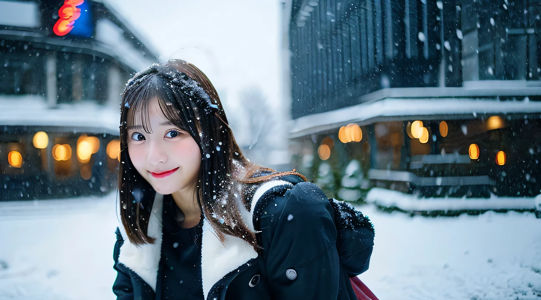 Cute College Girl, 18 years old, Wearing a black miniskirt、tome&#39;It's snowing outside