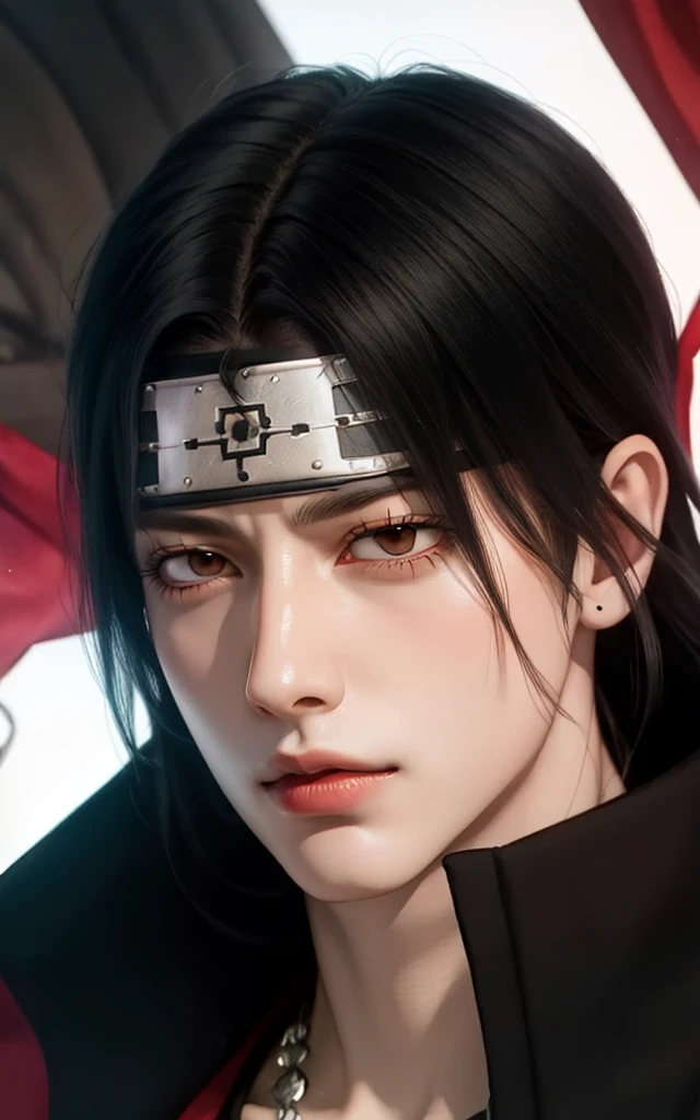 young man, pale skin, long black hair, black eyes, big lips, blackcloak akatsuki, Itachi Uchiha, realistic, 3d, forest