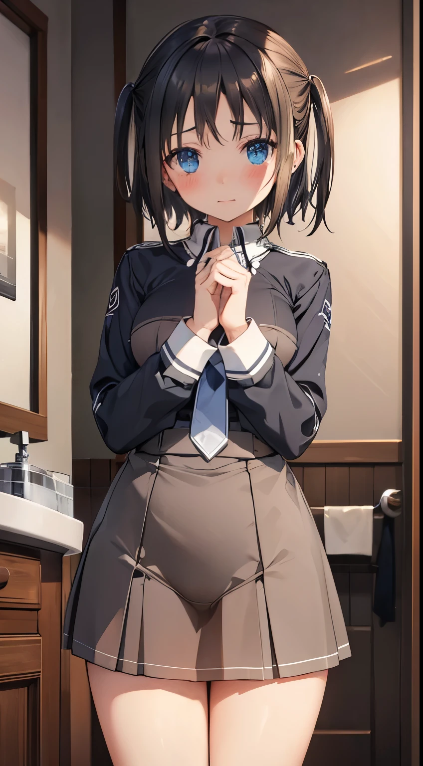 Washstand、Underwear、Ashamed、red blush, ((Very detailed)), (Perfectly detailed face), (Highly detailed hands),a miniskirt,panties that fall down to the thighs,Ronie_Arabel