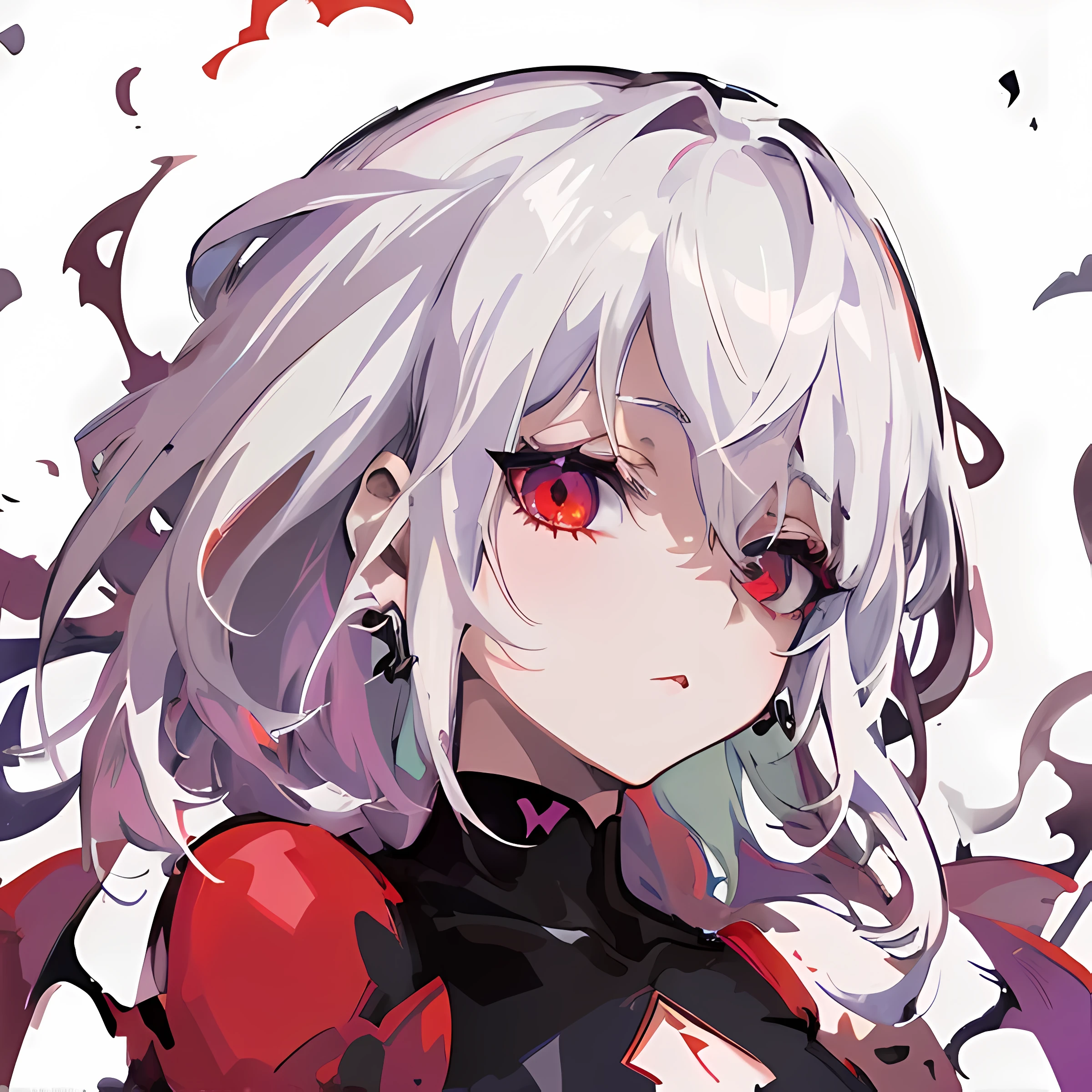 anime girl with white hair and red eyes in a black outfit, white haired, white haired lady, white haired deity, visual novel sprite, white-haired, girl with white hair, anime artstyle, darksynth character portrait, portrait knights of zodiac girl, anime style. 8k, purple smoke in the background blurred, green cross earings,