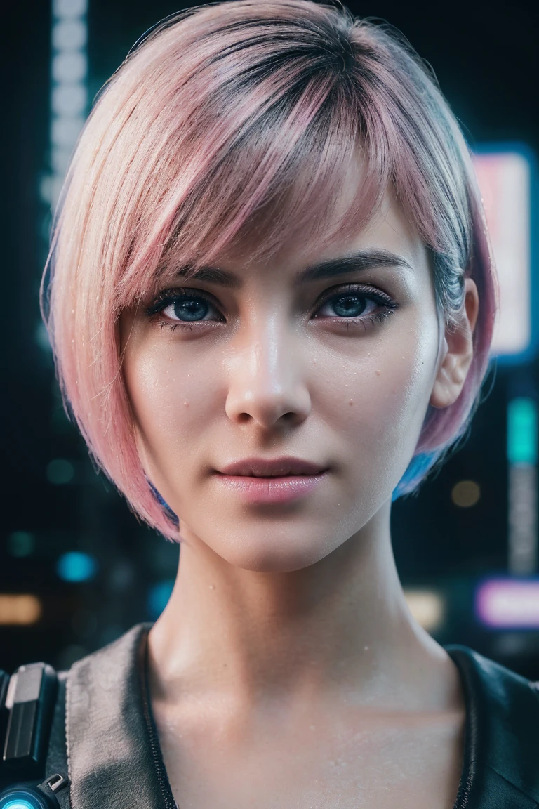 (ultra high res,photorealistic,realistic,best quality,photo-realistic), (8k, raw photo, best quality, masterpiece), (photon mapping, radiosity, physically-based rendering,automatic white balance), technological sense, best quality, masterpiece, illustration,CG ,unity ,wallpaper, official art, Amazing, finely detail, an extremely delicate and beautiful,extremely detailed, highly detailed, sharp focus,rich background,blurry background, (real person,photograph), (((high detailed skin,visible pores))),1 girl,full body,(((Ghost In The Shell))) (((face close-up,haunting smile,moist lips))), ((irises and pupils are rounded,the pupil reflects the surroundings,eyes are not the same size)), ((Big eyes,perfect eyes,watery eyes)), ((short hair,pink hair,thick bangs)), ((small breasts)), ((Cyberpunk 2077,Future, City, skyscraper)), (((Neon, Display Screen, Advertising))), Night, Flooding, Reflection,Tight combat uniform, stainless steel,LED,laser,((Data cable, optical fiber, computer,VR)),current