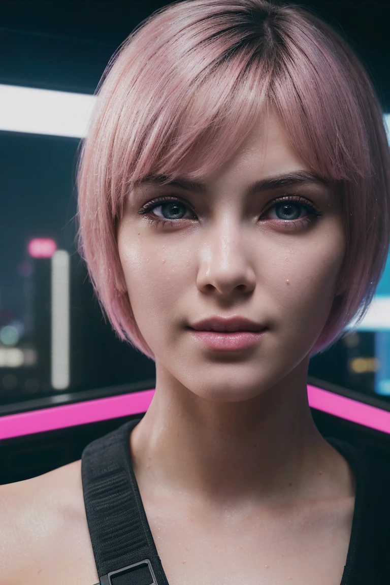 (ultra high res,photorealistic,realistic,best quality,photo-realistic), (8k, raw photo, best quality, masterpiece), (photon mapping, radiosity, physically-based rendering,automatic white balance), technological sense, best quality, masterpiece, illustration,CG ,unity ,wallpaper, official art, Amazing, finely detail, an extremely delicate and beautiful,extremely detailed, highly detailed, sharp focus,rich background,blurry background, (real person,photograph), (((high detailed skin,visible pores))),1 girl,full body,(((Ghost In The Shell))) (((face close-up,haunting smile,moist lips))), ((irises and pupils are rounded,the pupil reflects the surroundings,eyes are not the same size)), ((Big eyes,perfect eyes,watery eyes)), ((short hair,pink hair,thick bangs)), ((small breasts)), ((Cyberpunk 2077,Future, City, skyscraper)), (((Neon, Display Screen, Advertising))), Night, Flooding, Reflection,Tight combat uniform, stainless steel,LED,laser,((Data cable, optical fiber, computer,VR)),current