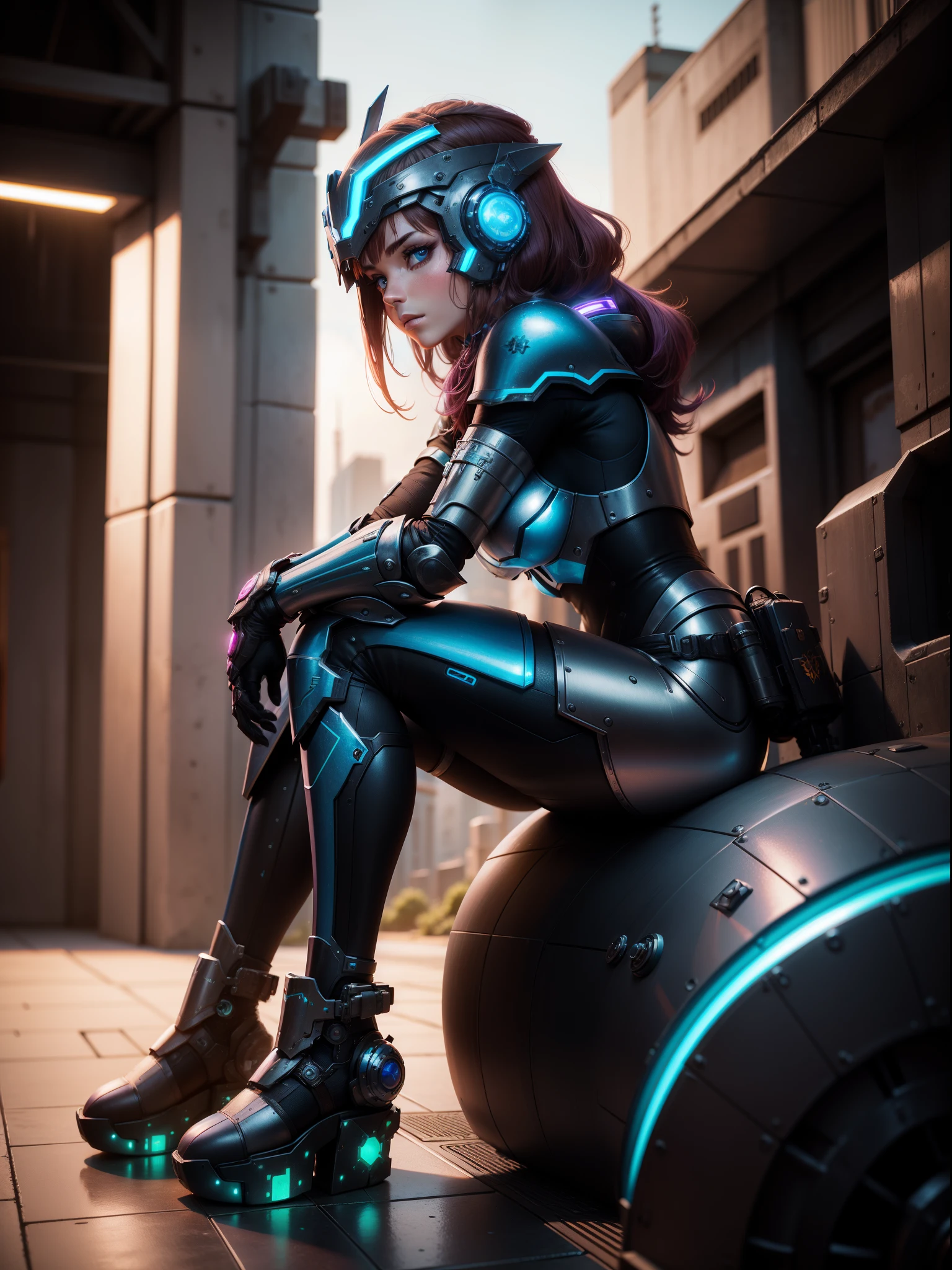 a lady in a metal armor sitting outside on a blue platform, in the style of luminous 3d objects, reminiscent retro sci-fi scenes, xbox 360 graphics, steinheil quinon 55mm f/1.9, magenta and brown, aetherclockpunk, terry redlin