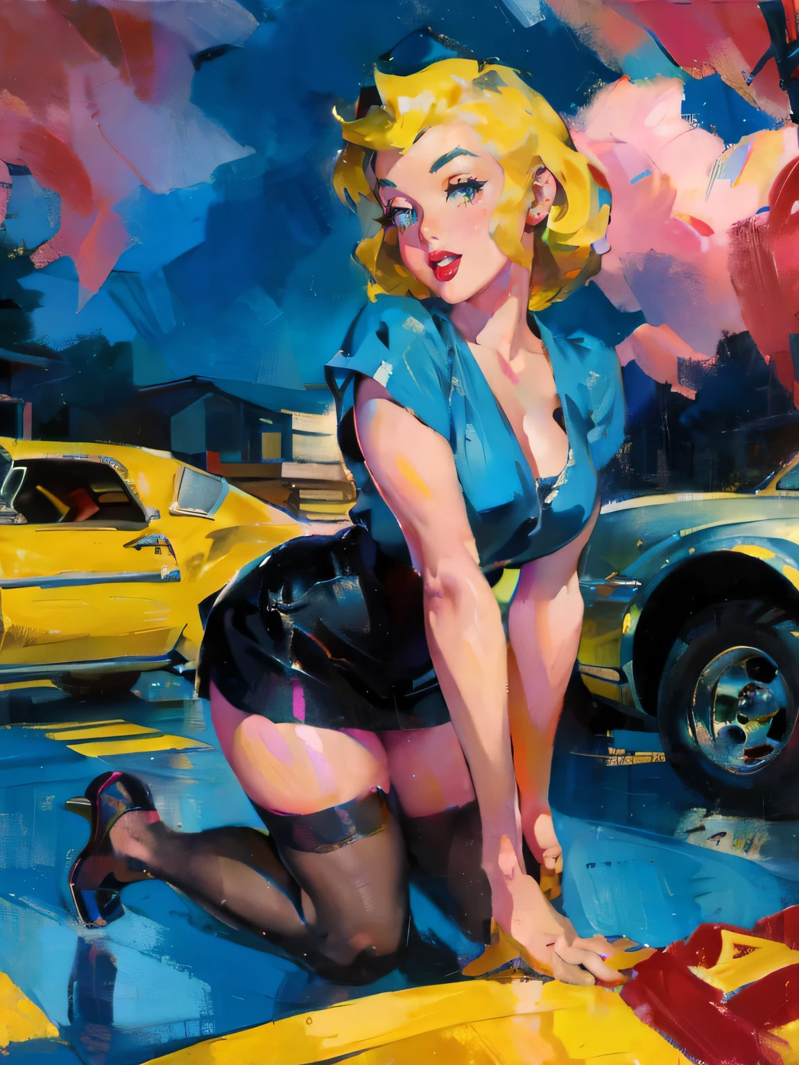 18 years old Marilyn Monroe sitting on the ground sheet, in front of a retro car, vintage, retro pin up style, sexy, detailed face, detailed hand and legs,, surprised, mini tight skirt, flowing skirt, colorful , Harmony color scheme, masterpieces art work, illustrated,