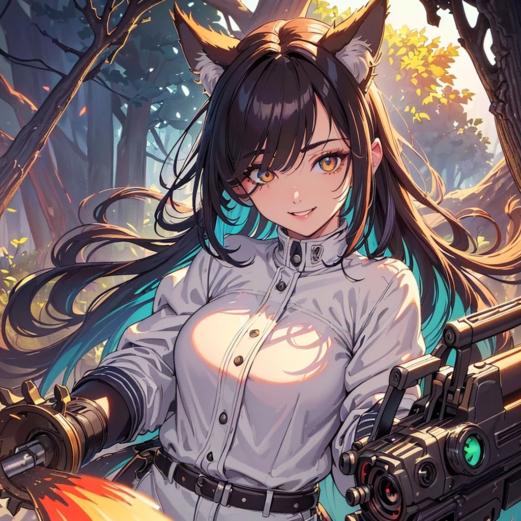 ((Forest)), (Top quality, photorealistic, ultra-realistic, ultra-detailed illustrations, ultra-high resolution, highly detailed, realistic background, detailed background, large_filesize:1.2),
break,
(Beautiful wolf tribe girl ((Uses a chainsaw))), Wolf ears, ((Multicolored hair, ((One-eyed hair), Multicolored long tail)))), (Work clothes), (Big smile, (Detailed and beautiful large fangs), Detailed and beautiful face (Detailed beautiful eyes), Detailed and beautiful nose,
break,
Retro, detailed painting, official art, sense of depth, (wide shot: 1.05), clear contours, bulging detail overlay correction, Terminator lines, high resolution dense microstructure Hipoly3D rendering correction, geometric perspective, nature gradient effect, depth correction