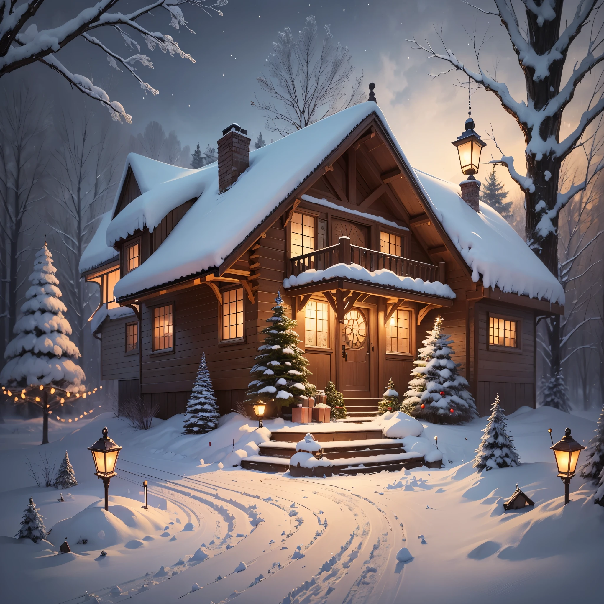 Exquisite Christmas Cabin, adorned with colorful decorations, stars, cane candy, and gifts, with piles of gifts piled up under the tree. Snowflakes float in the air, warm Christmas Season,Cartoon Christmas Tree Atmosphere Illustration,illustration, Christmas trees --auto --s2