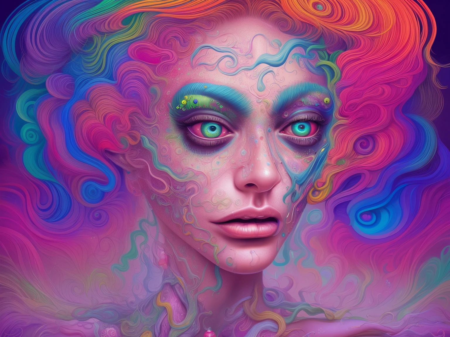 Seductive psychedelic horror, Trippy Hentai, body horror, having sex, real breasts, surreal Sex, LSD trip, sensual, psychedelic sex, provocative, colorful, glowing