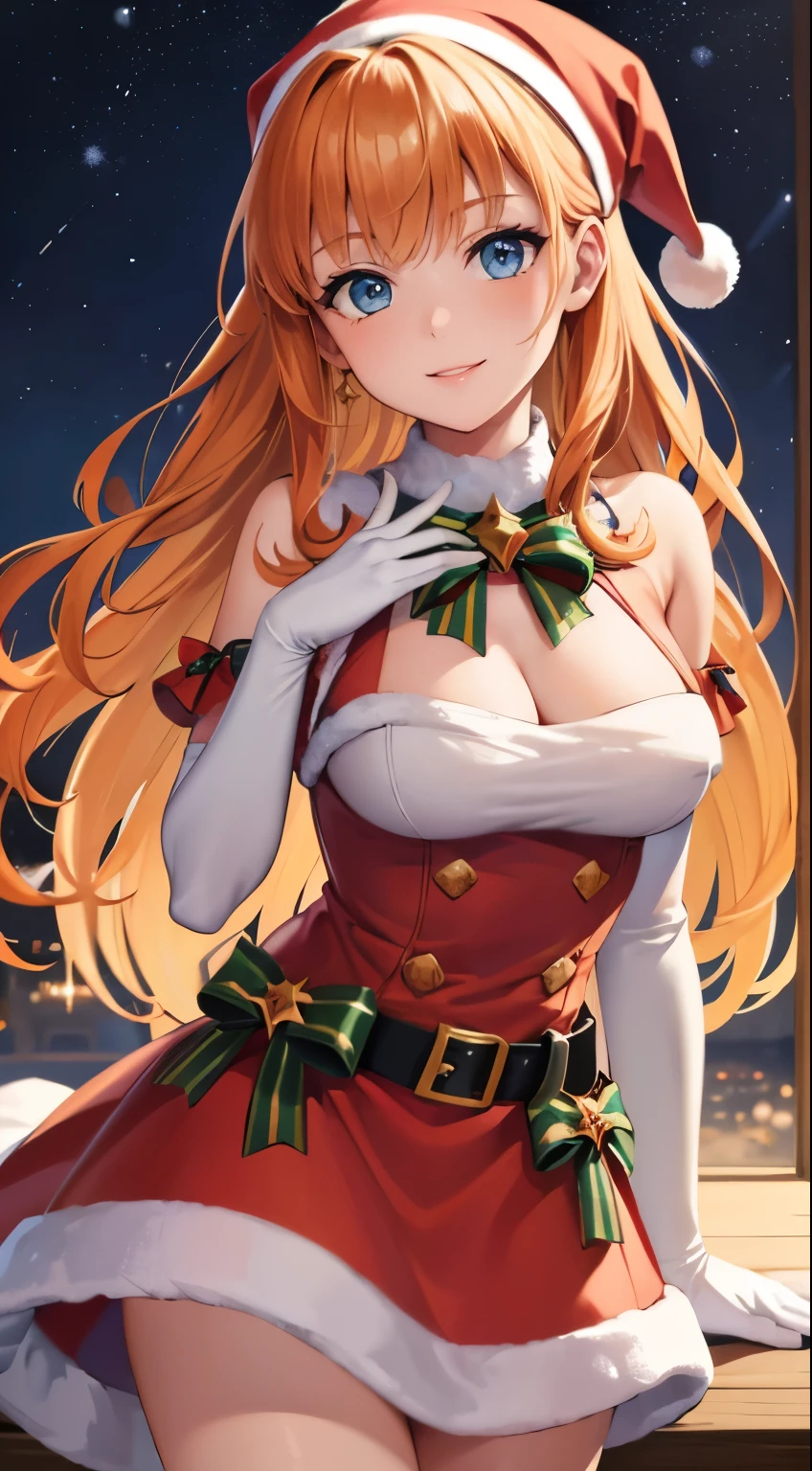 1girl, solo, masterpiece, best quality, high res, highly detailed, (illustration), beautiful detailed eyes, annette_war, orange hair , long hair,blue eyes ,glossy lips, light makeup, smile, long white satin elbow gloves ,cowboy shot, (santa), red santa dress