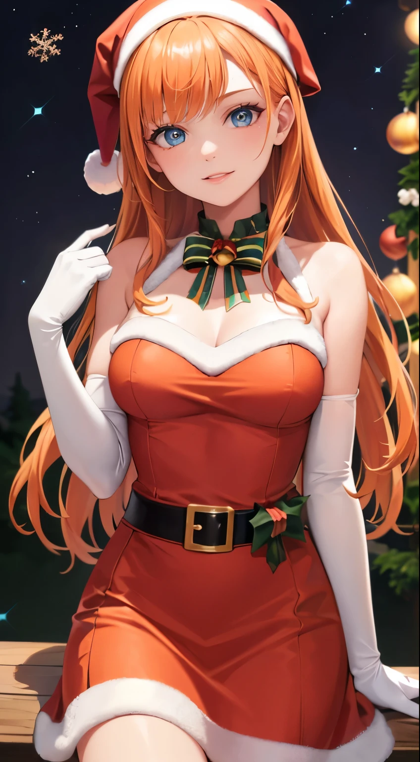 1girl, solo, masterpiece, best quality, high res, highly detailed, (illustration), beautiful detailed eyes, annette_war, orange hair , long hair,blue eyes ,glossy lips, light makeup, smile, long white satin elbow gloves ,cowboy shot, (santa), red santa dress