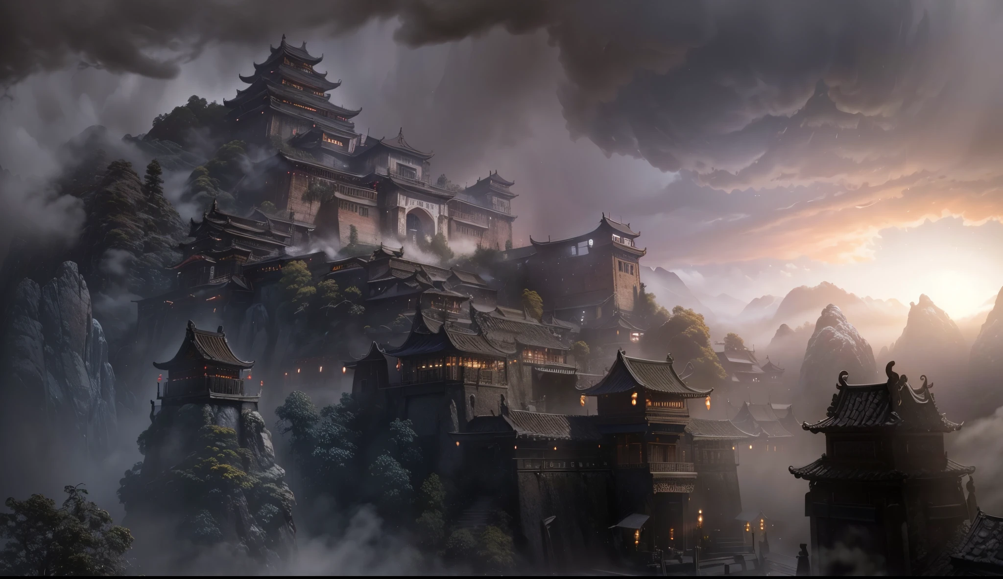 ((tmasterpiece)), (((Better quality))), ((ultra - detailed)), ((Combined with CG 8K extreme details )), (8K, RAW photos, Better quality, tmasterpiece: 1.2),  (rendering: 1.4), Ancient Chinese village，, world practice scene，ancient city at dusk，Fog spreads over the city，