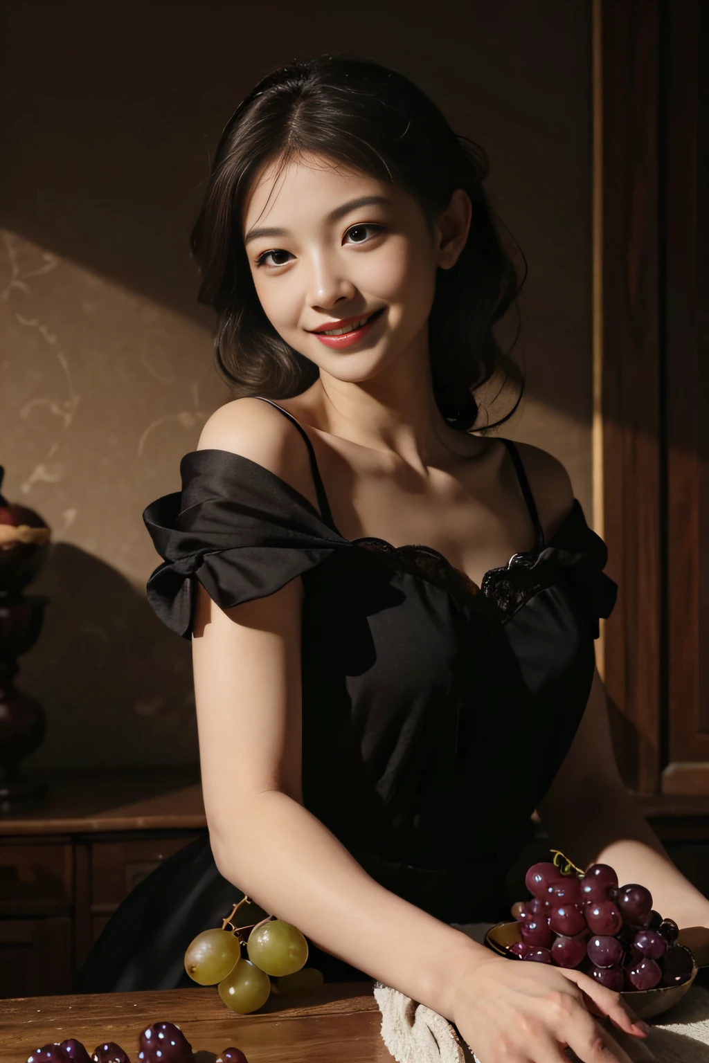 fruits,Grapes,Rosa,antique,A smile,,Sweet and seductive appearance.、Caravaggio's paintings、Chiaroscuro of Caravaggio,,Cute smile, Expression of ecstasy,erotick,A sexy