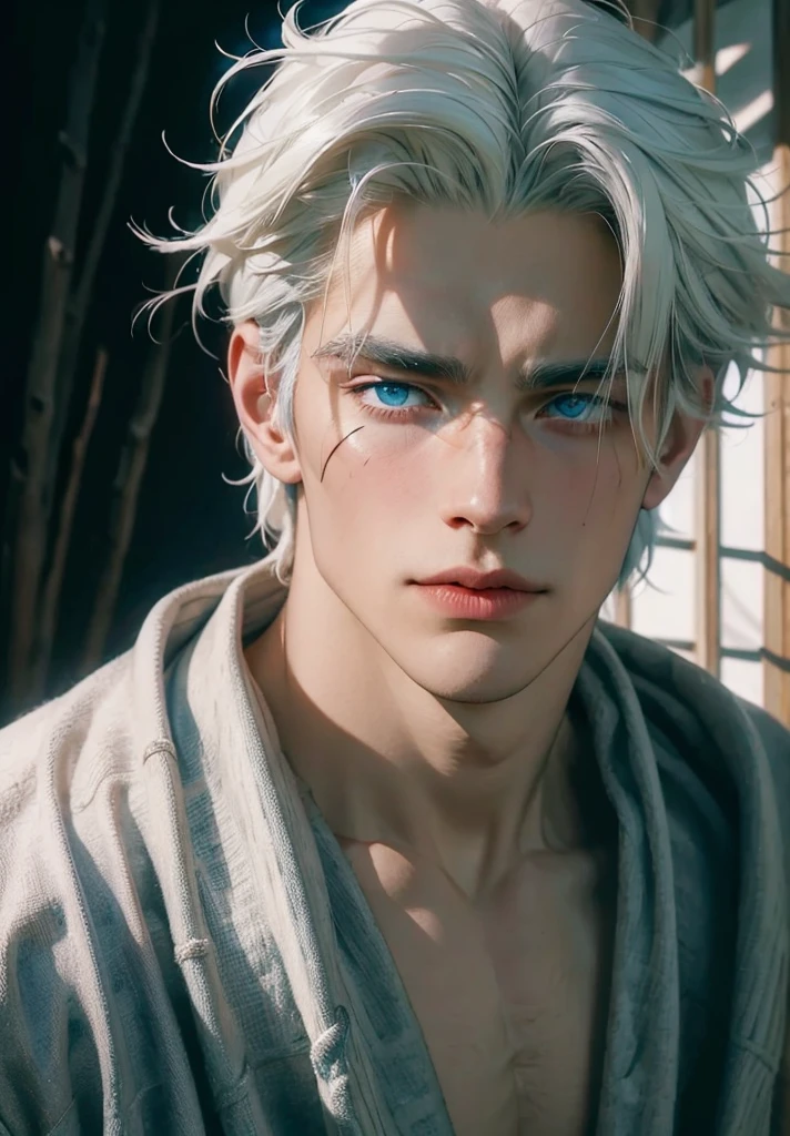 (Portrait of a man looking up)
BREAK
((38 year old)),(((large faded scar over right eye)))((white hair)),(((vivid blue eyes))), curtain hairstyle, a little stern, masculine face, roman nose, muscular, heroic, black armor, detailed and correct facial structure, johan liebert mixed with dante, handsome, attractive, 
BREAK
frost forest scenery, realistic, cinematic lighting, unreal engine, masterpiece, best quality, by Irakli Nadar, Greg Rutkowski