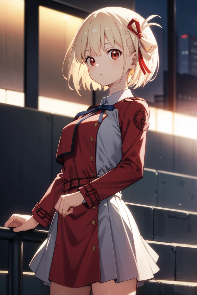chisatonishikigi, nishikigi chisato, short hair, bangs, blonde hair, (red eyes:1.5), hair ribbon, one side up, bob cut,
BREAK shirt, long sleeves, dress, ribbon, white shirt, collared shirt, belt, neck ribbon, red dress, blue ribbon, pleated dress, grey dress, two-tone dress, red belt, lycoris uniform,,
BREAK outdoors, city,
BREAK looking at viewer, BREAK (masterpiece:1.2), best quality, high resolution, unity 8k wallpaper, (illustration:0.8), (beautiful detailed eyes:1.6), extremely detailed face, perfect lighting, extremely detailed CG, (perfect hands, perfect anatomy),
