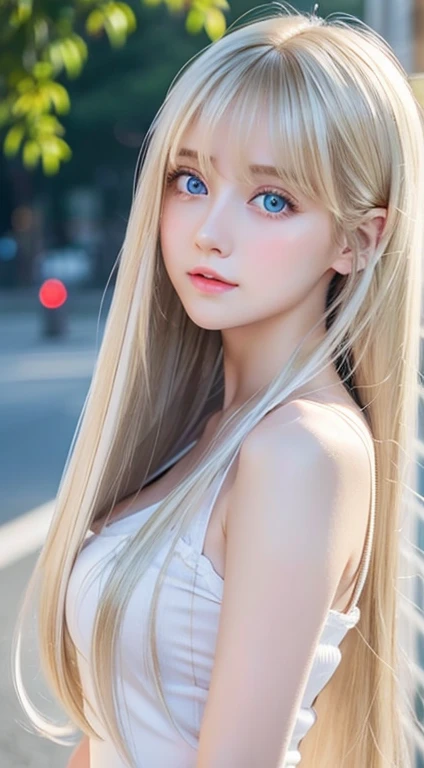 shiny transparent white skin、Wind hair gets in the way of a pretty face、Colossal、20 year old cute sexy little beautiful face、Beautiful straight hair that shines、Very large bright light blue eyes、long silky bangs that cover cute big eyes, Sexy cute young woman with super long hair hiding sexy face、super long natural blonde shiny shiny hair
