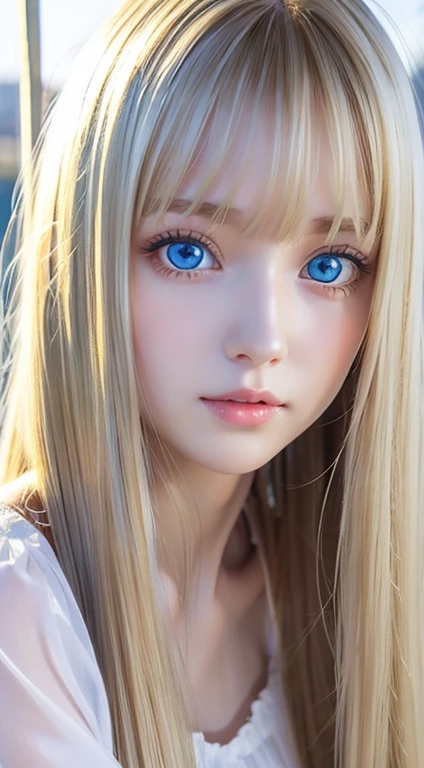 shiny transparent white skin、Wind hair gets in the way of a pretty face、Colossal、20 year old cute sexy little beautiful face、Beautiful straight hair that shines、Very large bright light blue eyes、long silky bangs that cover cute big eyes, Sexy cute young woman with super long hair hiding sexy face、super long natural blonde shiny shiny hair