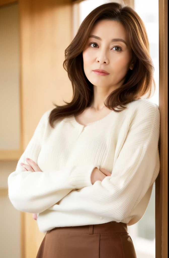 a-close-up-of-a-woman-with-a-sweater-on-leaning-against-a-wall-seaart-ai