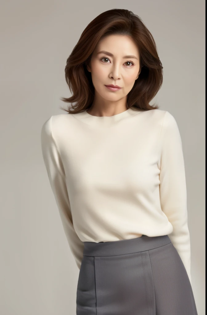 masuter piece, top-quality, ​masterpiece, hight resolution, Photorealsitic, Raw photography, 8k wallpaper, flawless, profetional lighting, ighly detailed, depth of fields,Pale solid color background, ((One beautiful woman)), ((50 years old)), Female sexy, Detailed face, beautidful eyes, bangss, small breasts of good shape, light brown straight short hair, Faint lips, ((stand facing forward、Staring at the viewer, serious face eyes.)),Sweaters, skirt by the, foot out of frame