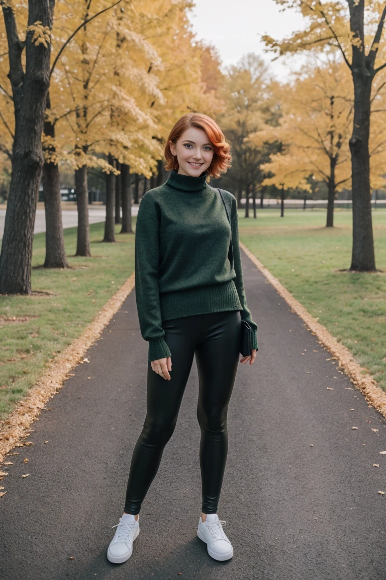 masterpiece, best quality, ultra-detailed, beautiful lighting, Woman, black leggins, orange hair, (green eyes:1.3), (black sweater:1.2), turtleneck, standing up, in park, beautiful scenery, slight blush, smiling, (cute smile:1,1), (glossy lips:1.1), (beautiful eyes:1.1), wonderful backround, closed mouth, armehind_back, short hair HD HQ UHD