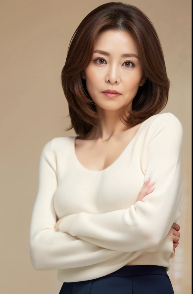 master piece、highest quality、masterpiece、High resolution、Photoreal、sharp、Raw photo、8k wallpaper、perfection、professional lighting、very detailed、Depth of the bounds written、light solid color background、((one beautiful woman、japanese mature)) 、(70 years old))、women sexy、detailed face、beautiful eyes、bangs、well-shaped small breasts、Light brown straight hair、faint lips、((stand in front、look at the viewer、serious face eyes。))、sweater、Skirt visor、full body photo、cowboy shot