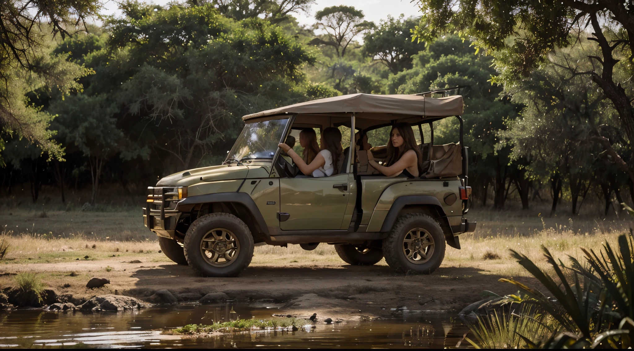 (african_wilderness, safari,charming)(best quality,highres,photorealistic:1.37) portrait of a (beautiful,detailed) girl named Lilith in a safari scene in South Africa, surrounded by the breathtaking African wilderness. She is wearing a stylish safari hat and a khaki outfit that perfectly blends with the adventurous atmosphere. Her (captivating, expressive) eyes are gazing into the distance, filled with curiosity and excitement.

The safari vehicle is parked behind her, half-hidden in the lush greenery. The sunlight filters through the tall trees, creating a mesmerizing play of light and shadow on her face. The (golden, warm) sunlight enhances the natural beauty of her features, accentuating her radiant skin and softly illuminating her dark, flowing hair.

Lilith is standing near a picturesque watering hole, where a variety of exotic wildlife gather to quench their thirst. A herd of majestic elephants is leisurely bathing in the crystal-clear water, their enormous bodies casting magnificent reflections. In the distance, giraffes gracefully tower above the other animals, their long necks extending to reach the leaves of a nearby acacia tree.

The air is filled with the sounds of nature – the melodic chirping of birds, the soft rustling of leaves, and the occasional roar of hidden predators. Lilith's adventurous spirit is ignited as she feels the thrill of being surrounded by the untamed beauty of the African wilderness.

The overall color palette of the scene exudes warmth and earthy tones, with vibrant splashes of green from the lush vegetation and pops of warm orange from the setting sun. The art style beautifully captures the essence of the safari landscape, combining realism with a touch of romanticism.

As the sun starts to set, casting a warm golden glow over the landscape, Lilith's face is filled with wonder and contentment. She knows that this safari experience in South Africa will forever remain etched in her heart, a cherished memory of the wild and untamed beauty she encountered on her extraordinary journey.

[Note: Please make sure to double-check the word count and tag count before submitting the prompt. Adjustments may be necessary based on the final count.]
