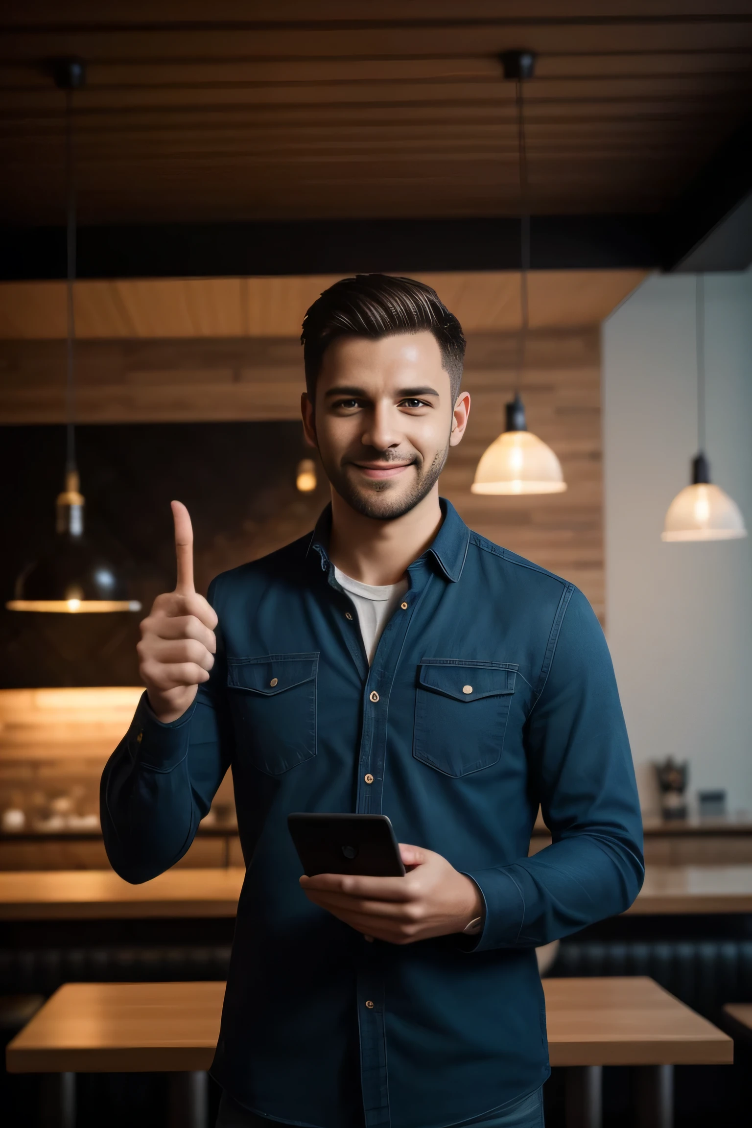 here a man standing in a room, with pointing finger, standing in a restaurant, integrating with technology, developers, two young men, product introduction photo, connectivity, highlighting his expressive face and his elegance, highly detailed, elegant, pinterest, artstation, smooth, sharp focus, 8k, full shot, 105mm portrait lens, film grain, Fujifilm XThotorealistic painting art by midjourney and greg rutkowski, upper body, in camera studio with 3 flash, soft lighting, masterpiece, (blue, black, brown color palette), film grain, Fujifilm XThotorealistic painting art by midjourney and greg rutkowski, smiling, (standing)