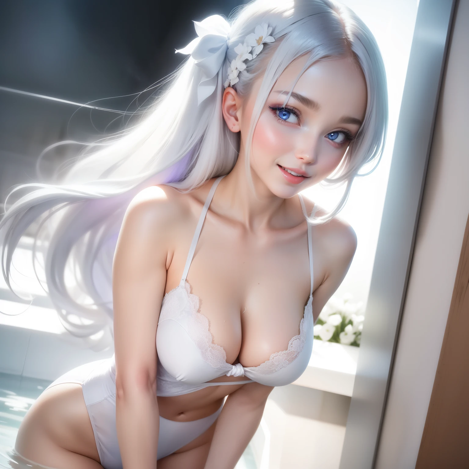 masutepiece, Superb Piece, Daytime, Indoor, Falling flowers, White Dress, 1 girl, A perfect woman, Woman with silver and white long hair, gray blue eyes, pale pink lips, Cold, Serious, Bang, Purple eyes, White underwear, black closing line, Delicate face, Exquisiteface, Standing Bow, tassels, Happiness knot, Smile, Hands behind the head,Open your crotch,enjoy intensely ,convulsions,urinate,soaked body,bathe in white foam,Mangli return,Touching the,Grab your chest,oral ,,oral ,,Bukkake,penis