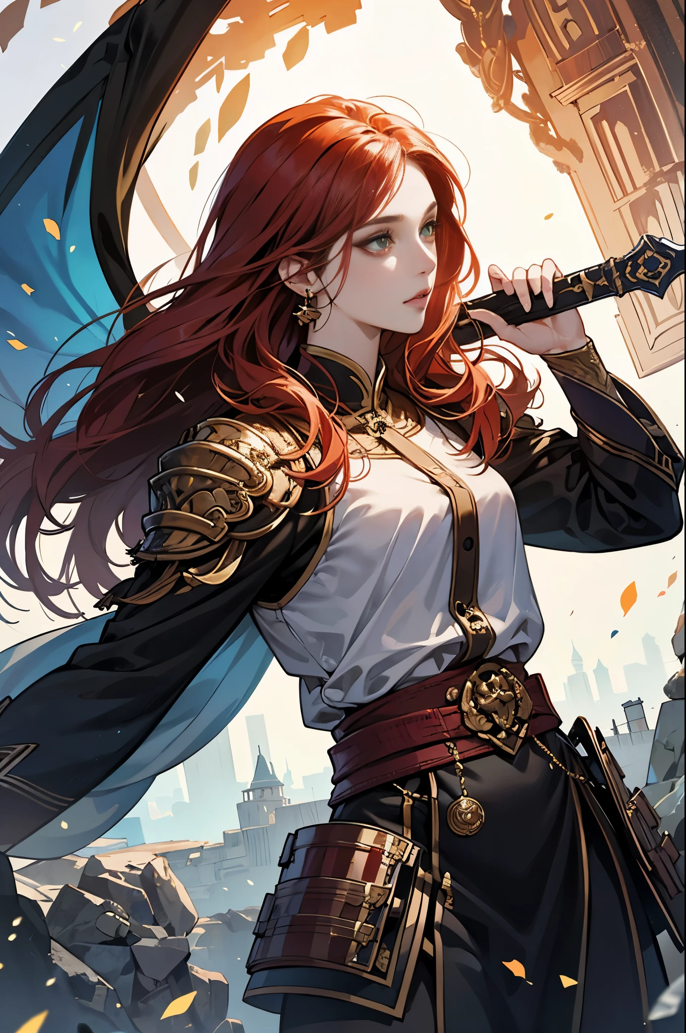 Arab woman in black and red costume holding a sword, a character portrait by Yang J, cg society contest winner, Fantasy Art, epic exquisite character art, Stunning character art, redhead queen in heavy red armor, 2. 5 d cgi anime fantasy artwork, epic fantasy art style, ig model | ArtGerm, epic fantasy digital art style, Battlefield Commander, Invincible female general, brave, Awe-inspiring Hall々, extremely detailed and beautiful eyes, green eyes without pupils, Supermodel body type, Swordmaster, An invincible swordsman known as the Red Scorpion, Best Quality, Perfect Angle, perfect-composition, Best Shots, Official art