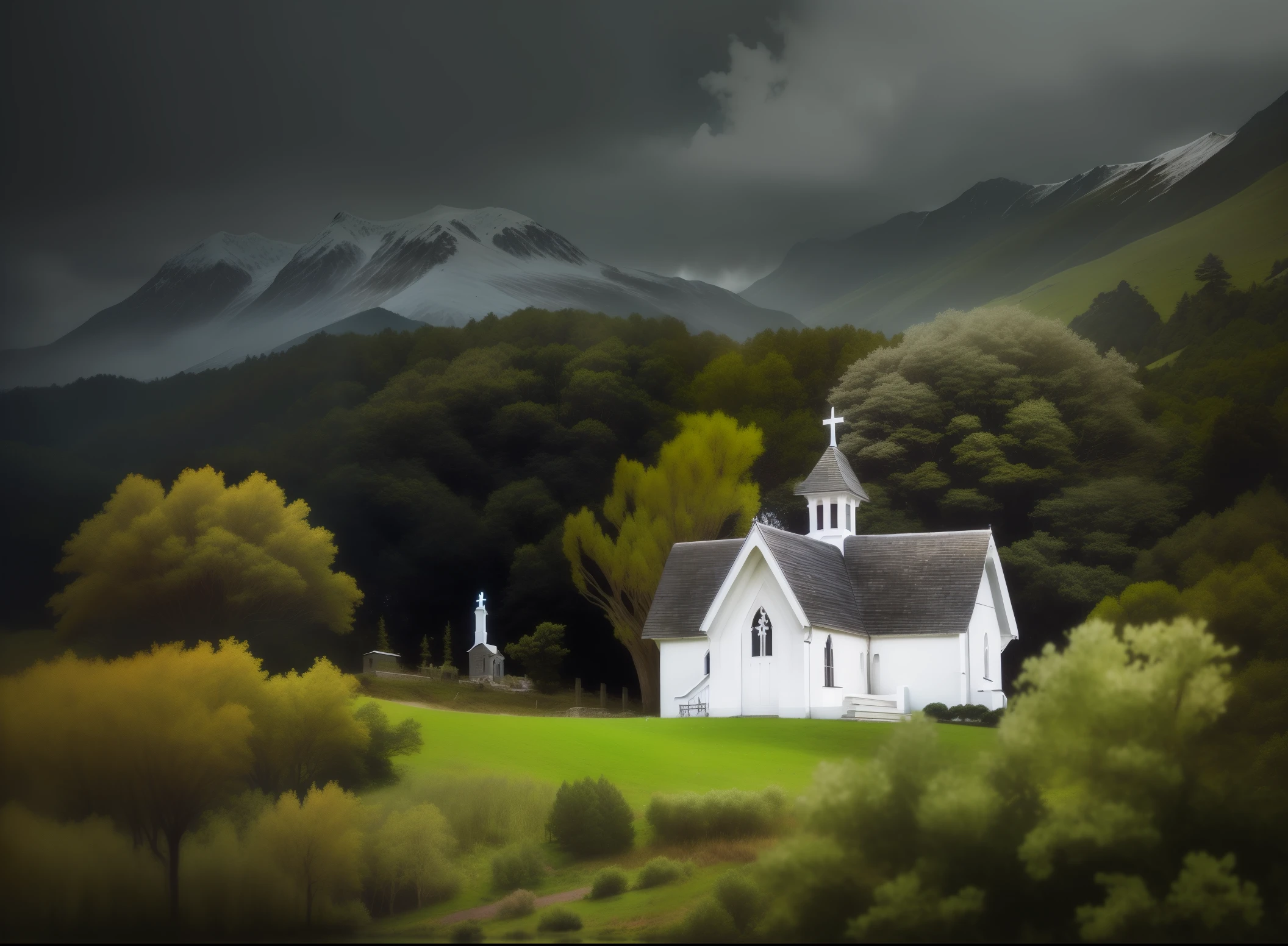 there is a small white church with a steeple on the top of it, white church background, church in the wood, church background, church background!, churches, idyllic, church, previous, New Zealand, curious, Mystical setting, church painting, Ribbon Chapel, Impeccable detail, Catholicism, gothic church background, religious, A magical scene, peaceful scene