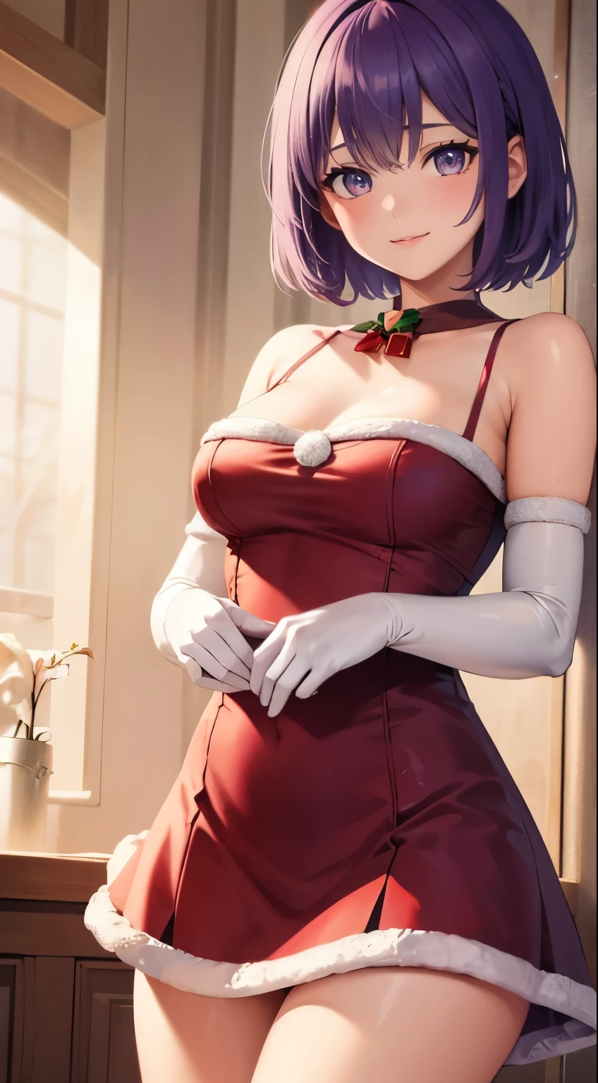 1girl, solo, masterpiece, best quality, high res, highly detailed, (illustration), beautiful detailed eyes, warBernie, purple hair, short hair ,glossy lips, light makeup, light smile, long white satin elbow gloves ,cowboy shot, (santa), red santa dress