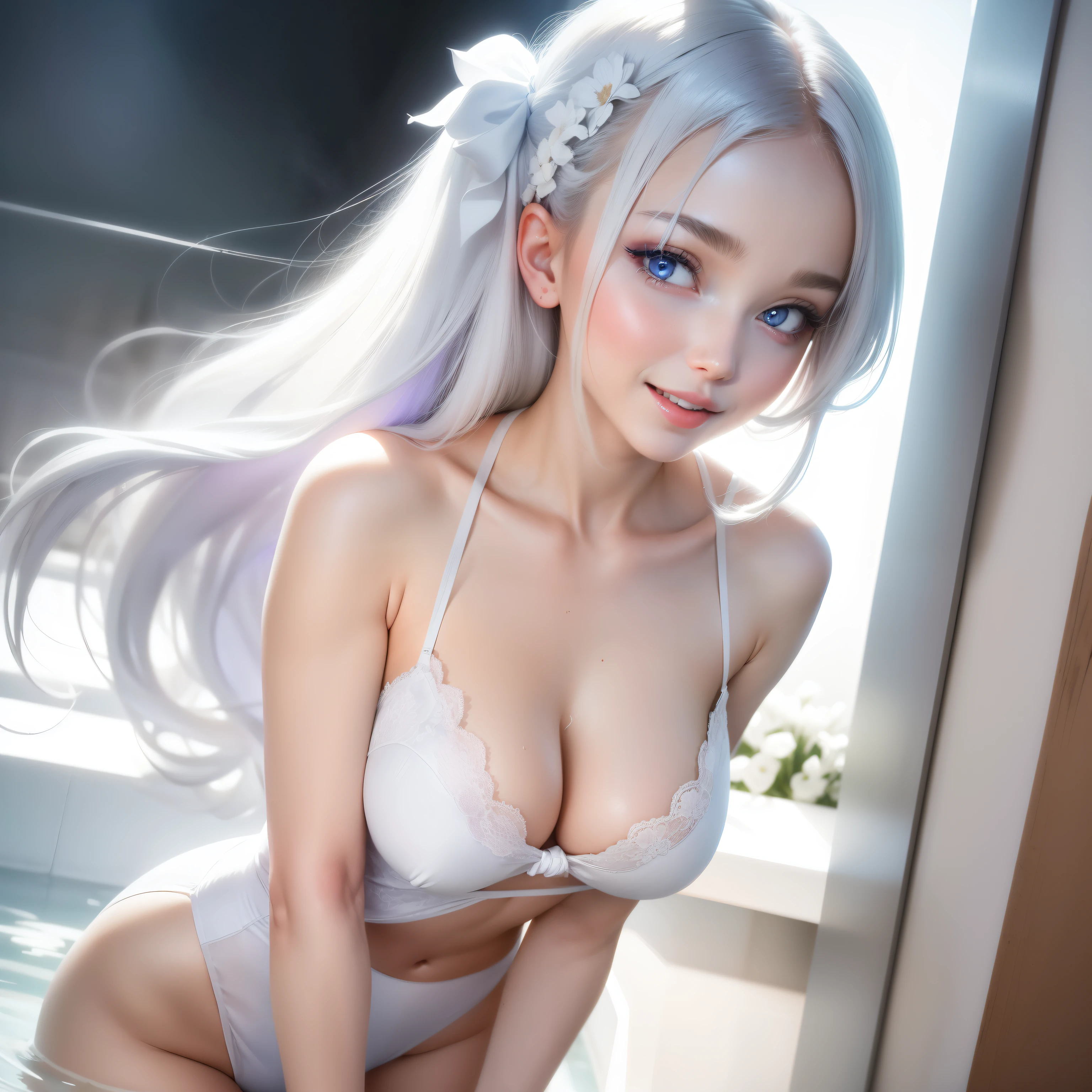 masutepiece, Superb Piece, Daytime, Indoor, Falling flowers, White Dress, 1 girl, A perfect woman, Woman with silver and white long hair, gray blue eyes, pale pink lips, Cold, Serious, Bang, Purple eyes, White underwear, black closing line, Delicate face, Exquisiteface, Standing Bow, tassels, Happiness knot, Smile, Hands behind the head,Open your crotch,enjoy intensely ,convulsions,urinate,soaked body,bathe in white foam,Mangli return,Touching the,Grab your chest,oral ,,oral ,,Bukkake,jingle