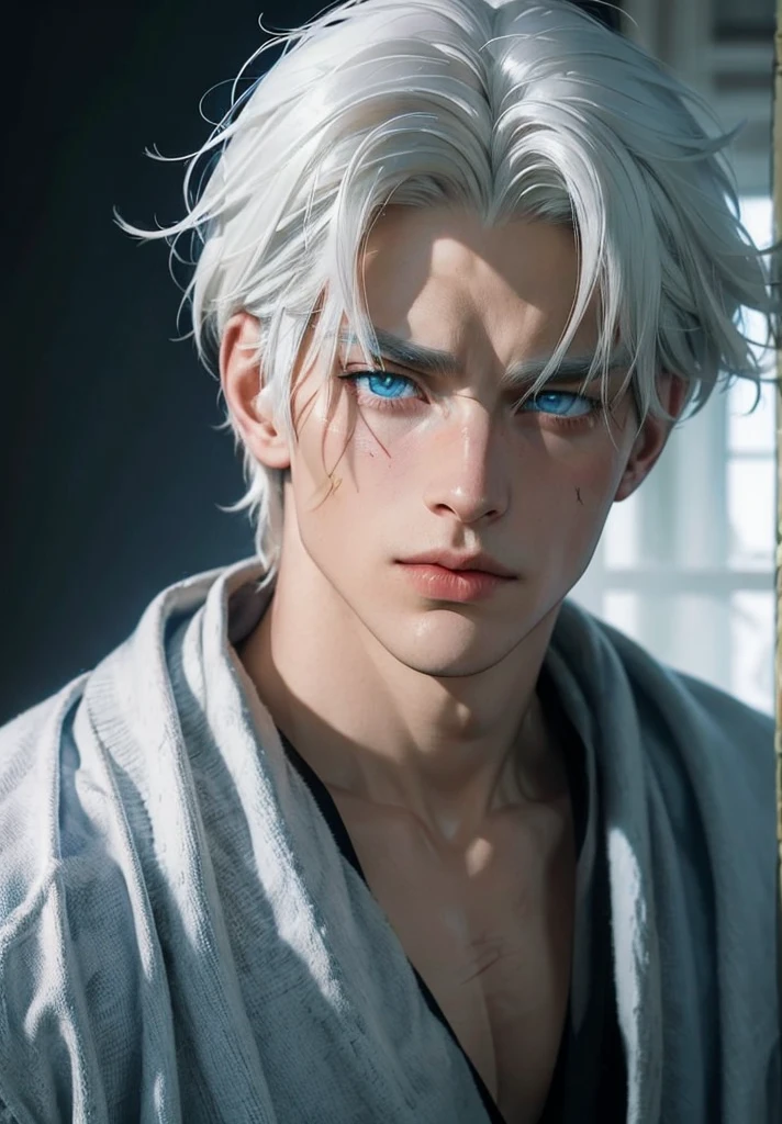 (Portrait of a man looking up)
BREAK
((38 year old)),(((large faded scar over right eye)))((white hair)),(((vivid blue eyes))), curtain hairstyle, a little stern, masculine face, roman nose, muscular, heroic, black armor, detailed and correct facial structure, johan liebert mixed with dante, handsome, attractive