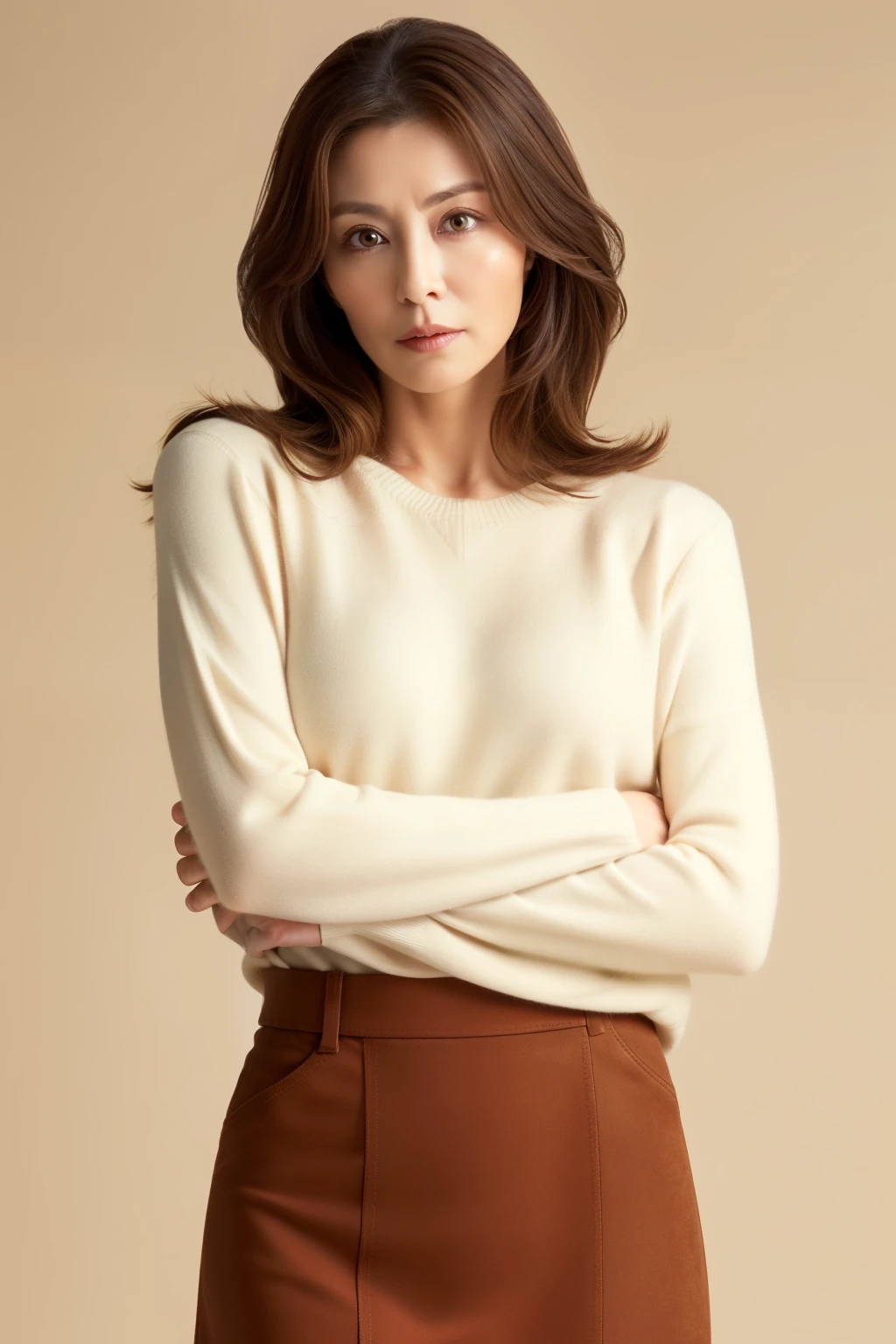 masuter piece, top-quality, masterpiece, hight resolution, Photorealsitic, sharp, Raw photography, 8k wallpaper, flawless, profetional lighting, ighly detailed, depth of fields,Pale solid color background, ((one beautiful women, japanese mature)), (65 years old)), Female sexy, Detailed face, beautidful eyes, bangss, small breasts of good shape, Light Brown Straight Hair, Faint lips, ((standing at front、Staring at the viewer, serious face eyes.)), Sweaters, skirt by the, fully body photo, cowboy shot