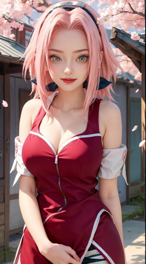 young woman, porcelain skin, short bubblegum pink hair, big red lips, big green eyes, pink eyebrows, smile, perfect teeth, looking at camera, Sakura Haruno, 3d