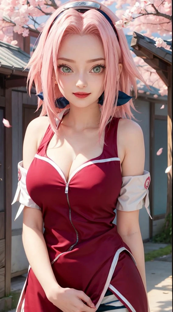 young woman, porcelain skin, short bubblegum pink hair, big red lips, big green eyes, pink eyebrows, smile, perfect teeth, looking at camera, Sakura Haruno, 3d