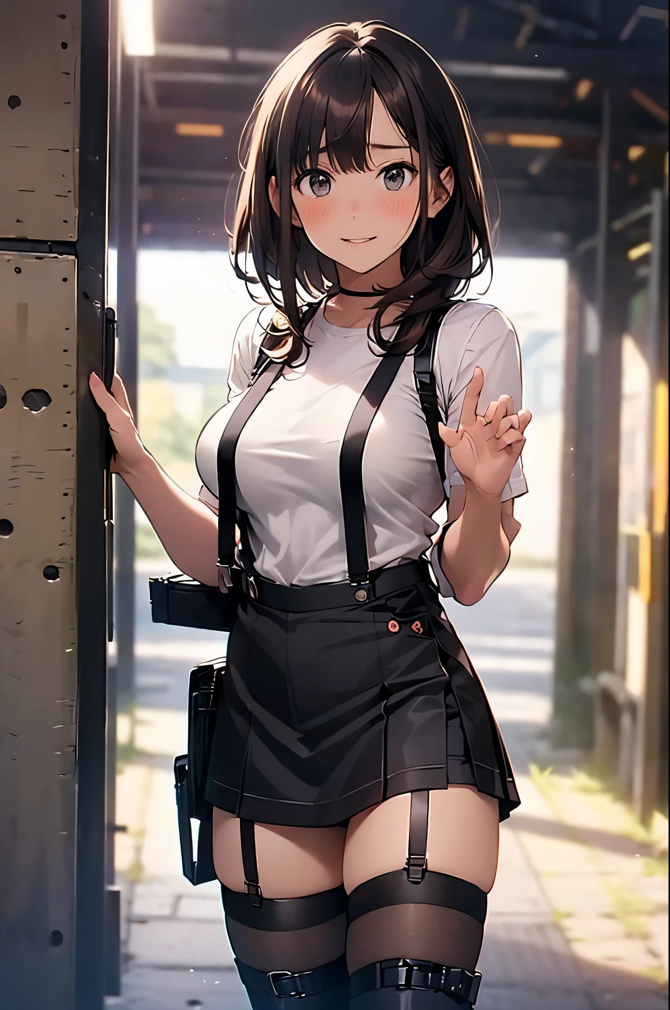 Brown hair、watching at viewers black suspenders Bulging big breasts walls: Black miniskirt garters Gaze Small face bangss holster Beautuful Women hands up レッグholster ベッドに横たわる Gaze black boots panty shot provocation flank flank汗 soio arm