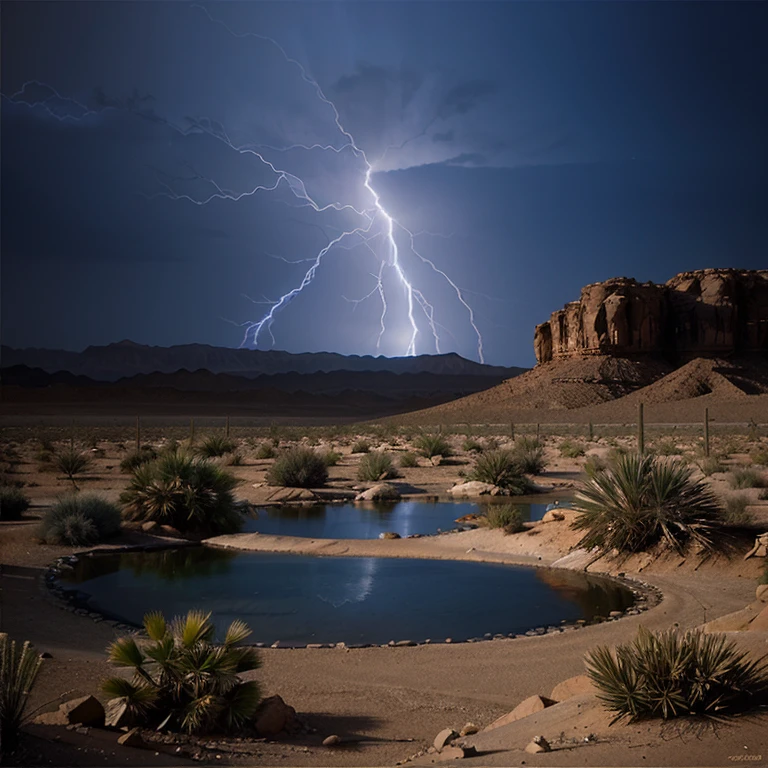 Create a picture of a desert landscape where blue lightning strikes in an oasis.