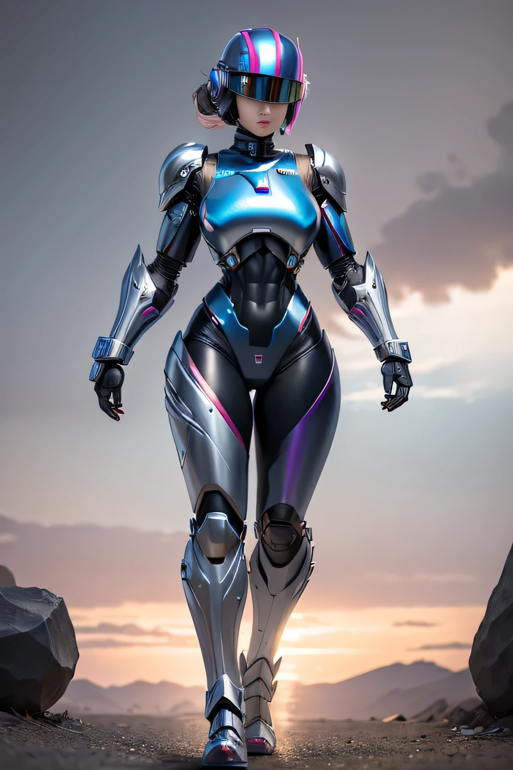 Female RoboCop、Armor that completely covers the whole body、very large armor、Helmet to hide your eyes、Rainbow Armor、Armor that completely covers the chest、Slender and long legs、Vibrant Posel Body View