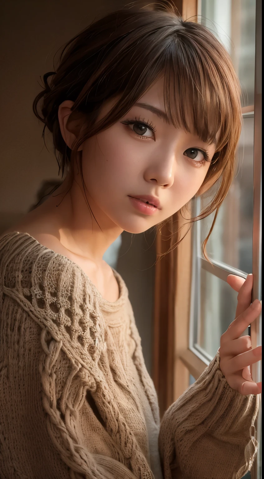 stand in front window, in the room, snowy background, japanese woman,  (oversized knitted sweater:1.3),pupils sparkling, (brown short hair), (thick red rips), pink cheeks, looking at viewer, depth of field, f/1.8, anatomically correct, textured skin, super detail, high details, high quality, super detail, high details, high quality, best quality, highres