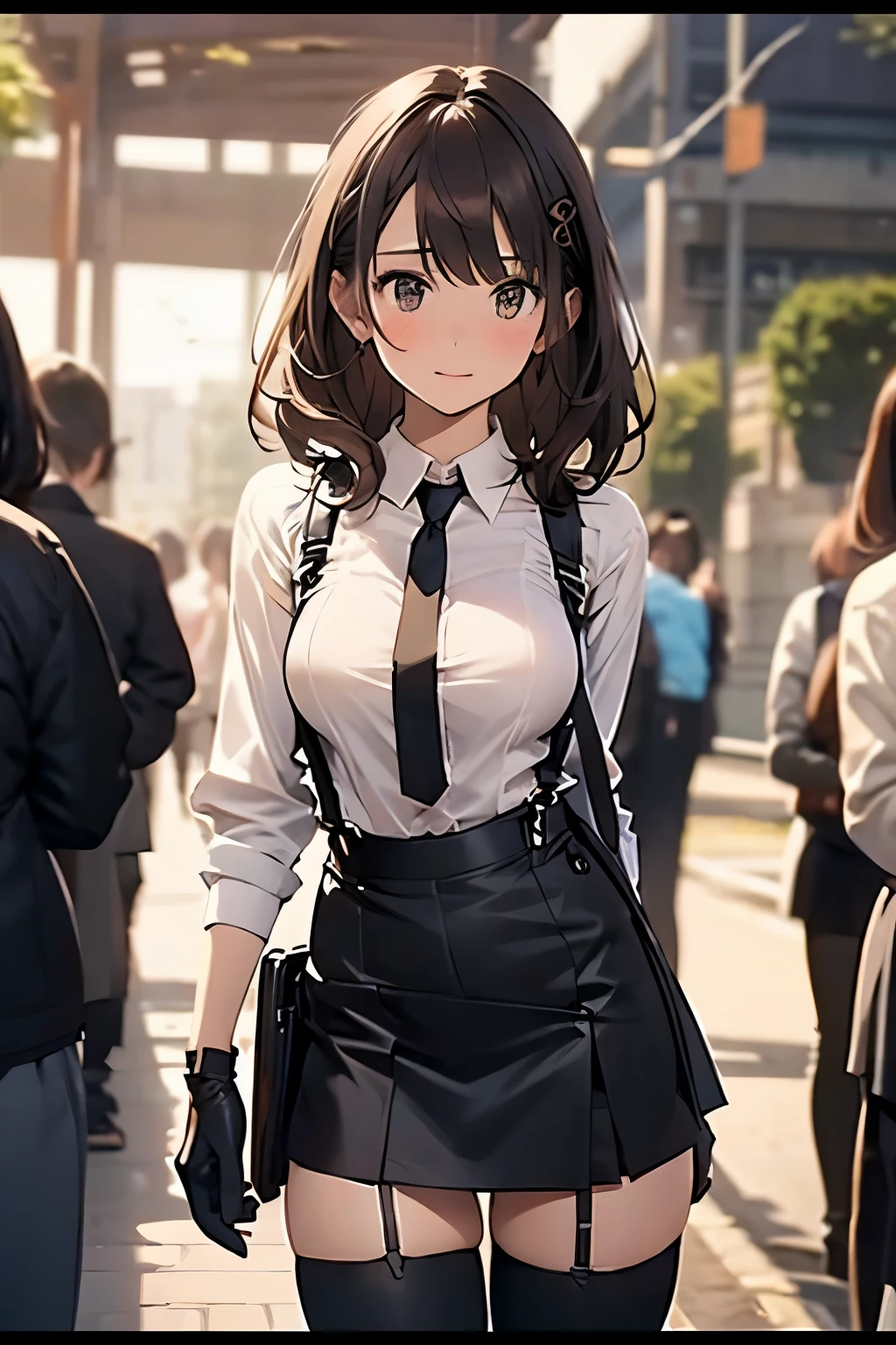 Brown hair、watching at viewers　　　black suspenders　　　Bulging big breasts　　 　 　　　walls: 　Black miniskirt　garters　　　　　　Gaze　　　Small face　bangss 　　　holster　　　Beautuful Women　　hands up　　レッグholster ベッドに横たわる　　Gaze 　黒いブーツ Panchira　provocation　　soio 　arm　In the car　Fold your hands behind your back　belt dark face　Panchira