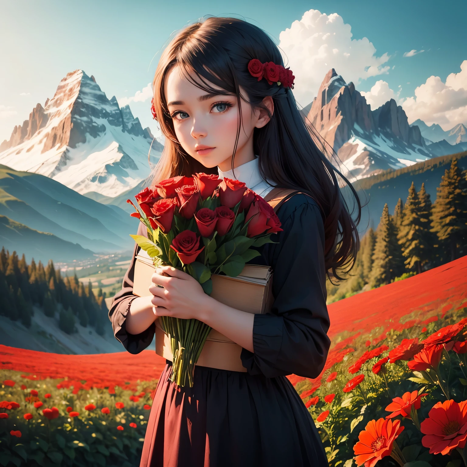 Red flowers, full with red flowers a mountain. No girl, Love natural beauty