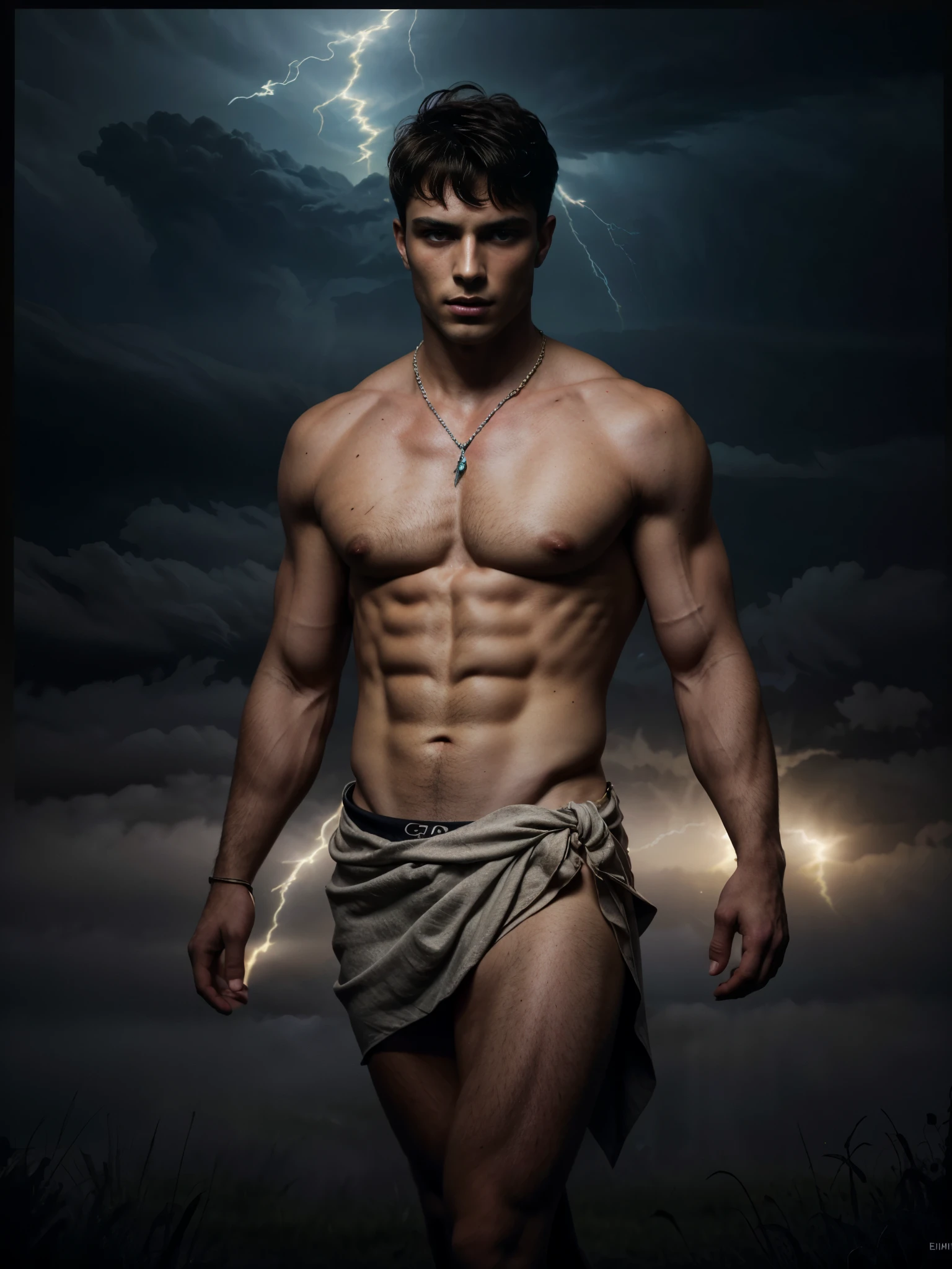 ((masterpiece)),((best quality)),8k, high detailed, ultra-detailed, Stylish Pose, real skin texture, dark cinematic lighting, 24 year-old Italian male model, (handsome italian:1.8), cute looking, divine look, powerful light blue eyes, Zeus god, god of thunder, Jupiter, godly, , bending electricity, displaying the ability to manipulate lightning, creating massive lightning, white pale skin, roman god physic, intense blue eyes, dry hair dry short brown messy hair, strong jawline, masculine, muscular, defined fit body, hairless chest, shirtless, pantless, open sea, sinister aesthetic, black storm clouds, arm bracelet. (lightning:1.6) clouds, (thunder:1.5), walking towards the camera (in the middlea thick fog:1.6), (night dark storm:1.45), barelegged, barefoot, antique linen spartan loincloth , white linen antique draped cloth skirt, chain belt,,,, dim light, dark atmosphere, cinematic lighting, Depth of field, award-winning photography, elegant, hyperrealistic, octane render, unreal, high definition, 8k resolution, highly detailed, 8k uhd, professional lighting, photon mapping, radiosity, physically-based rendering