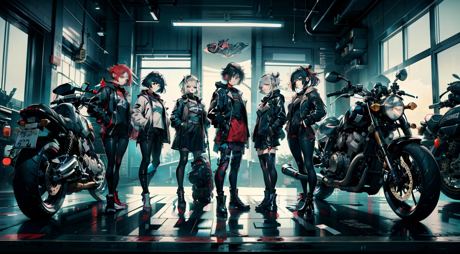 cyberpunked、girl with、mechanic、comical、Anime style、Gray and dark hair、motor bikes、Rider Jacket、punk coloring、sity、ナイトsity、group