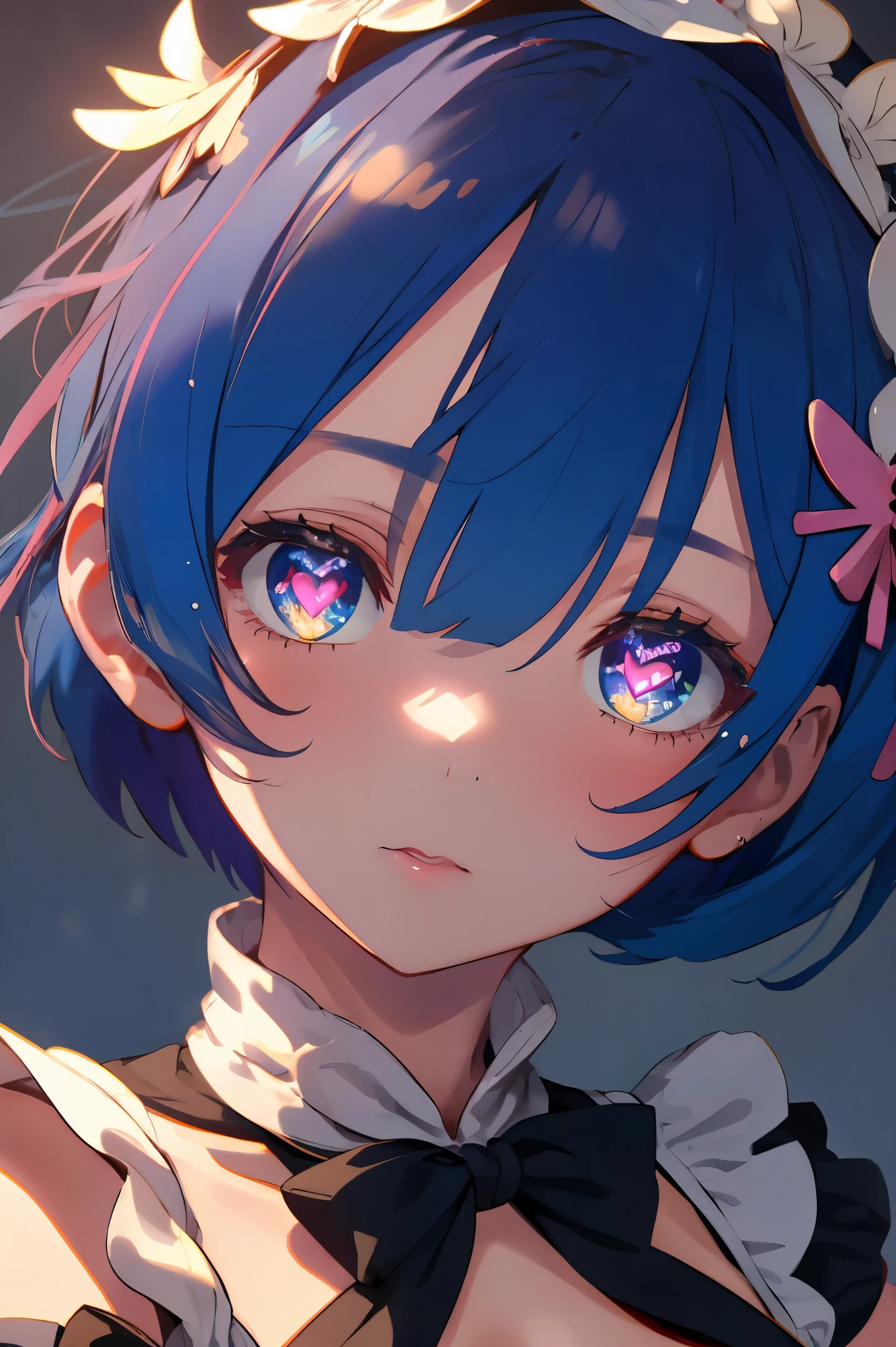 (masterpiece, best quality;1.3), ultra detailed, ooking at viewer, 
rem_re_zero, Facial close-up,blue hair, short hair, maid uniform, hair ornament, cleavage, maid headdress, detached sleeves, ribbon heart-shaped pupils